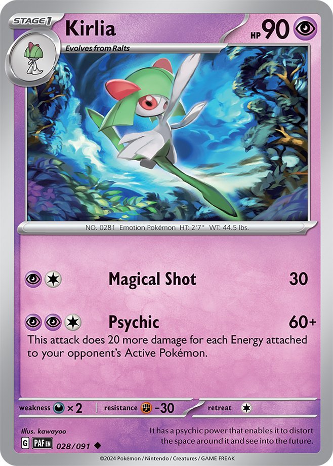 #028/091 - Kirlia - Reverse Holo - Paldean Fates - EJ Cards