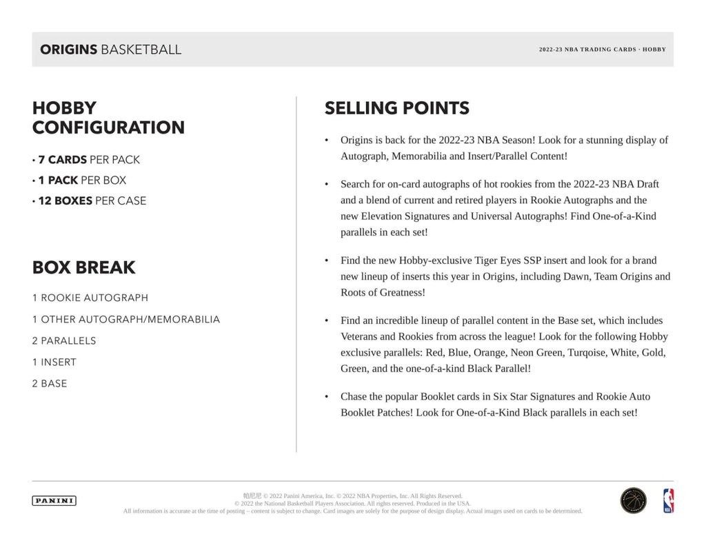 2022/23 Panini Origins Basketball Hobby Box (Preorder 29 Mar) - EJ Cards