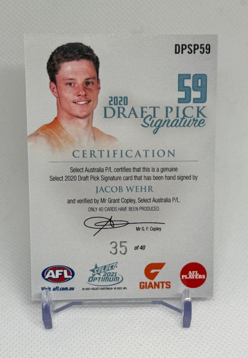 2021 Select Optimum Draft Pick PLATINUM Signature Jacob Wehr DPSC59 035/40 GWS - EJ Cards