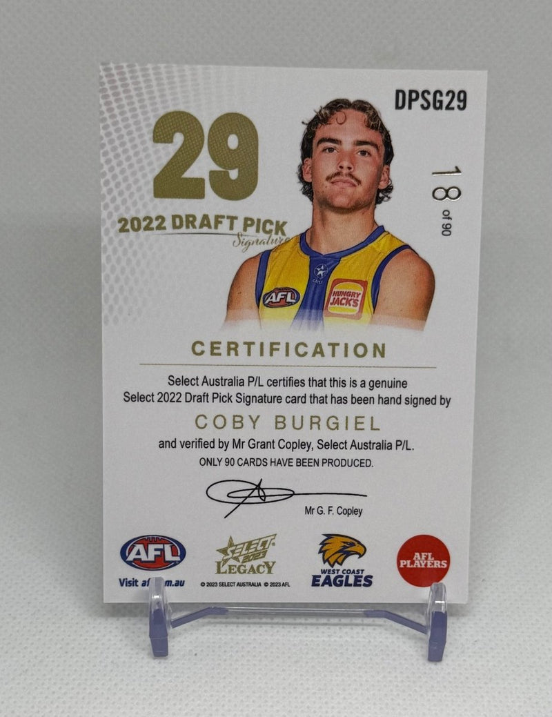 2023 Select Legacy Draft Pick Signature GOLD Coby Burgiel DPSG29 18/90 West Coast - EJ Cards