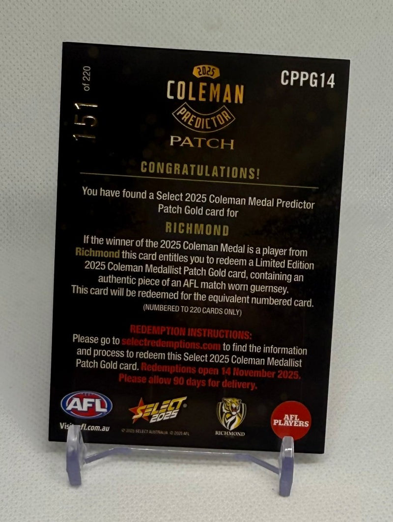 2025 Select Footy Stars Coleman Patch Predictor Richmond 151/220 - EJ Cards