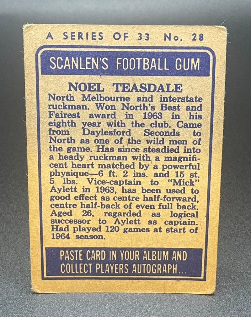 1964 VFL Scanlens Noel Teasdale North Melbourne #28/36 - EJ Cards